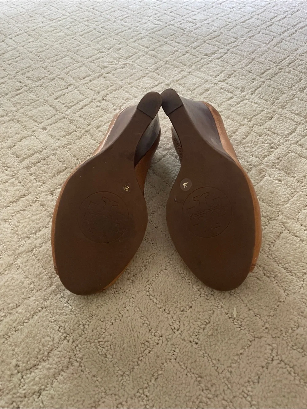 Tory Burch Brown Leather Peep-Toe Heels with Gold Logo Medallion